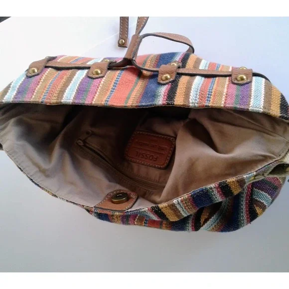 Fossil  Striped Women's Brown Canvas Shoulder Bag Leather Accents Handbag Medium - Picture 5 of 12
